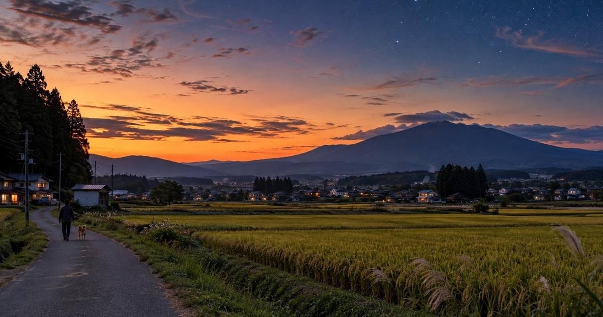 Hanamaki rice fields and mountain landscape at dusk