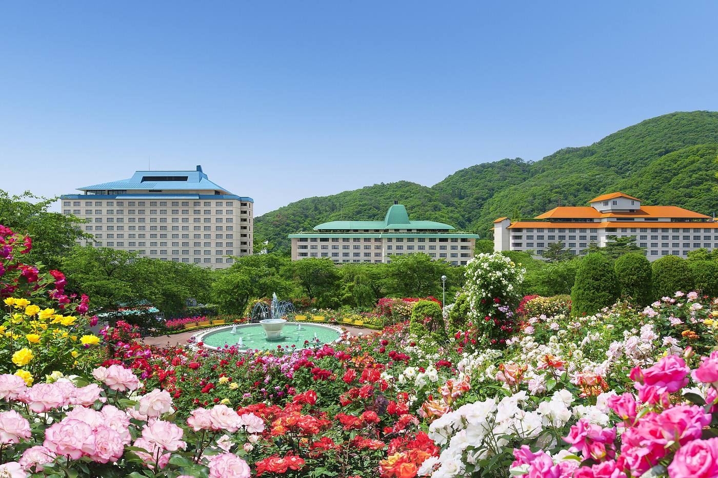 Hanamaki Onsen Rose Garden and its three hotel buildings.